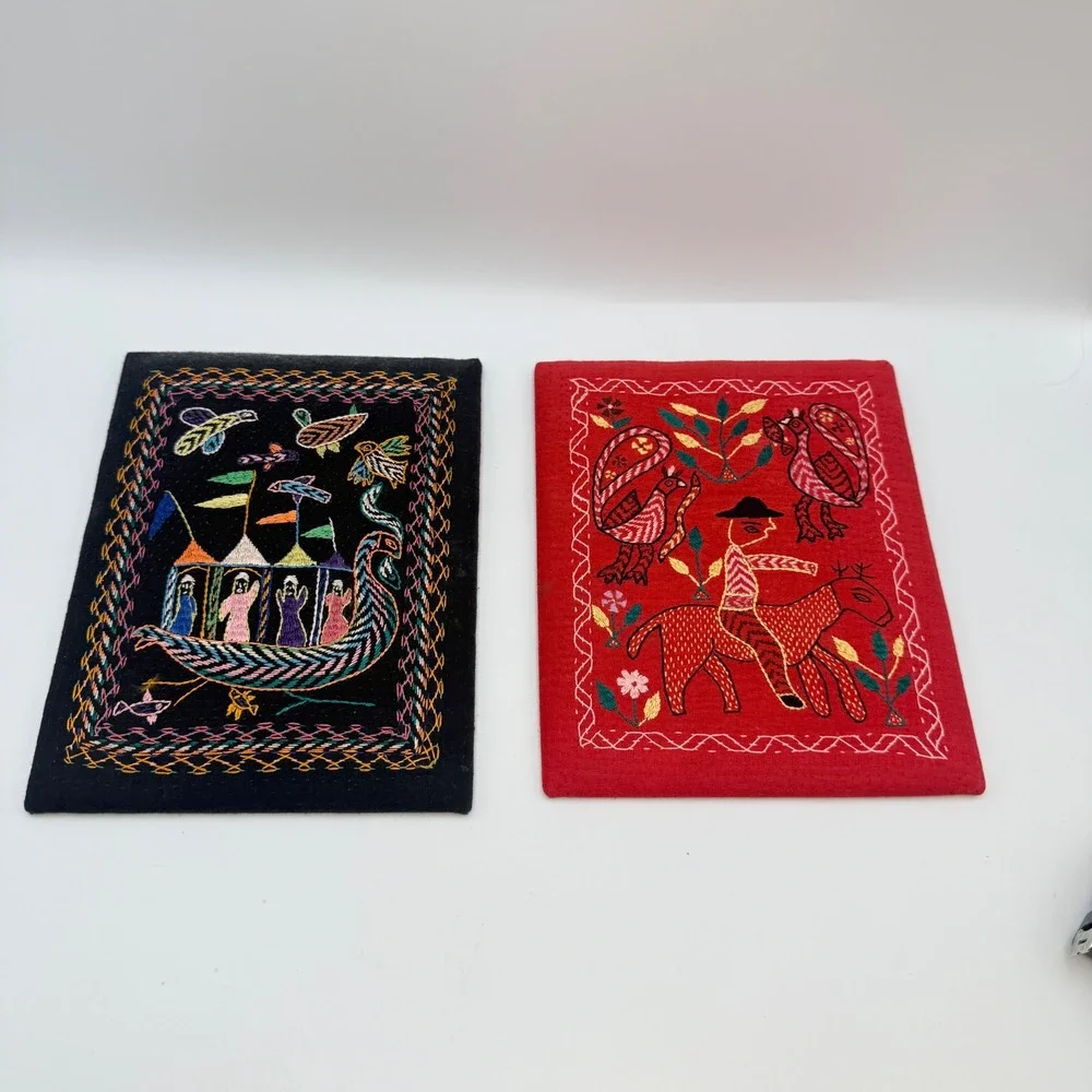 Vintage Hand Embroidered Folk Art Textile Wall Hanging Set of 2 Black Red Boat